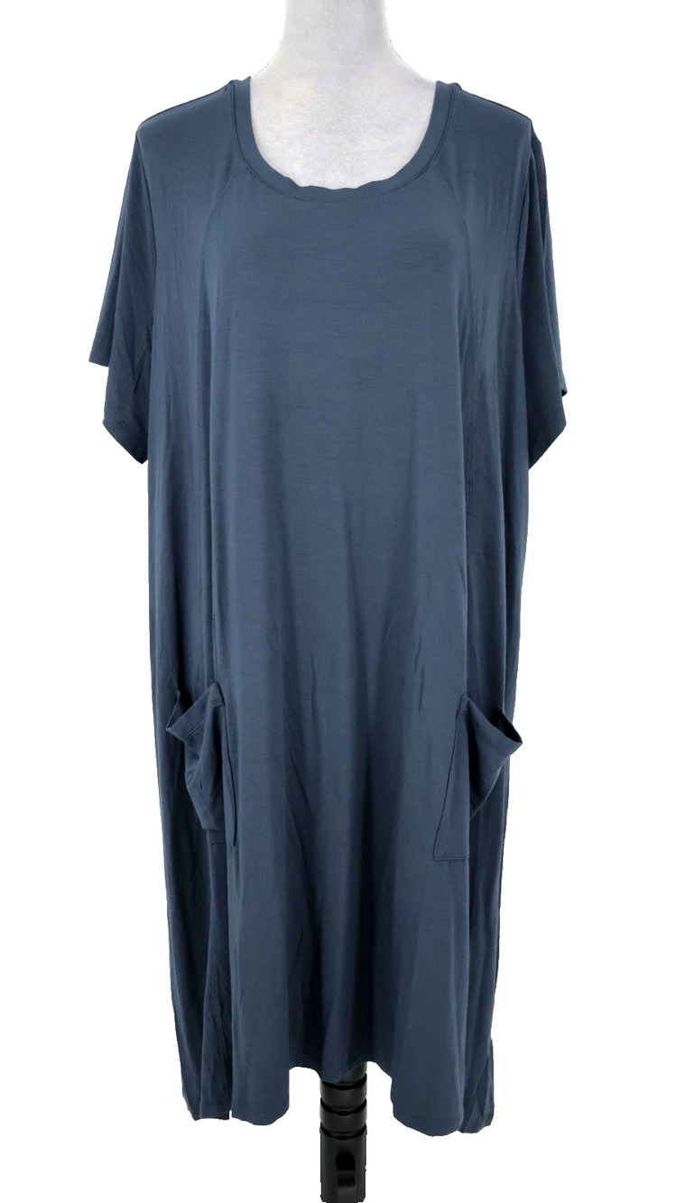 Lori Goldstein Logo Dress Plus Size 3X Blue Stretch Knit Pullover Pockets Midi